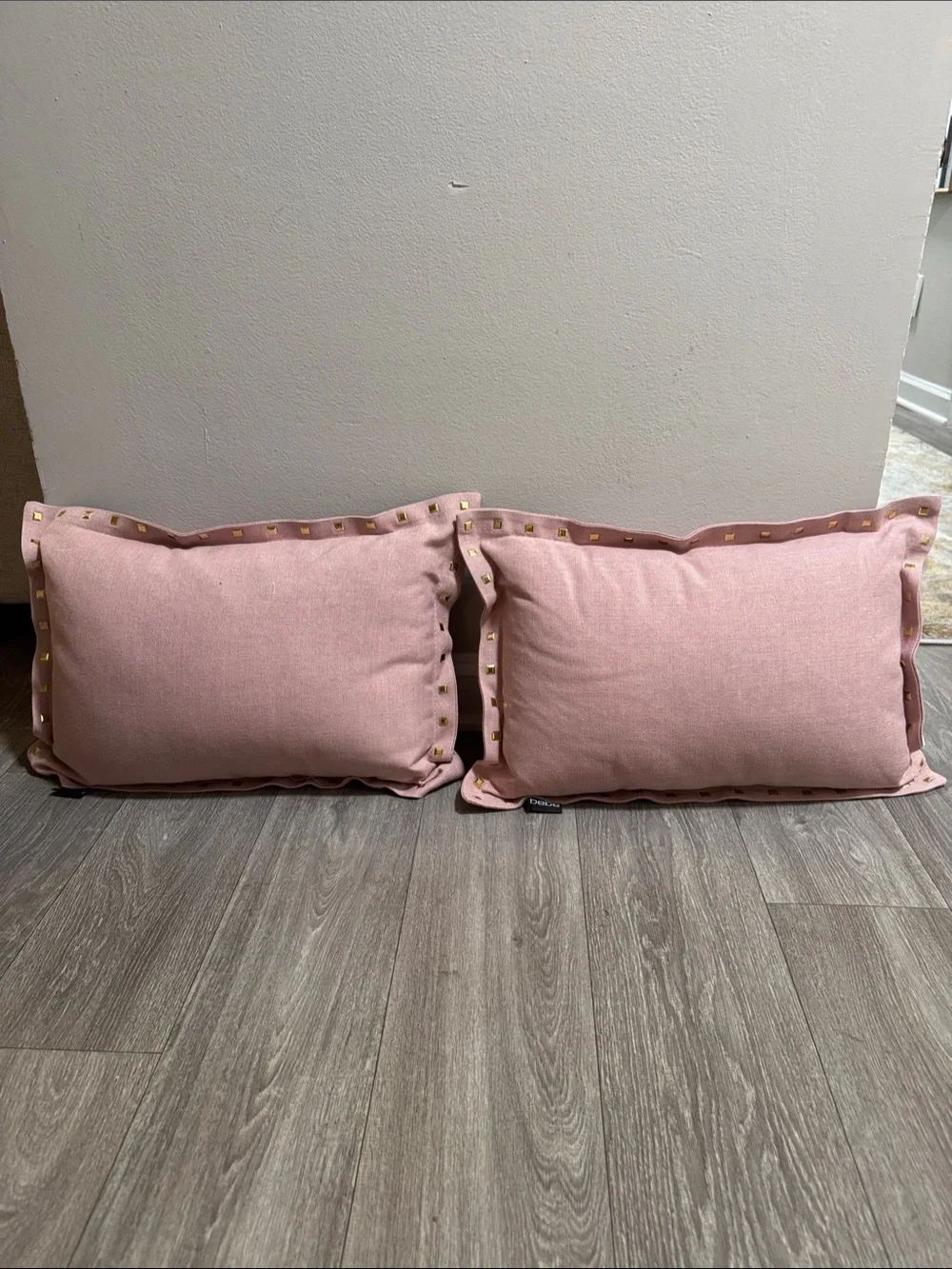 bebe Pink Rectangular Accent Pillows with Gold Stud Trim (Pair)